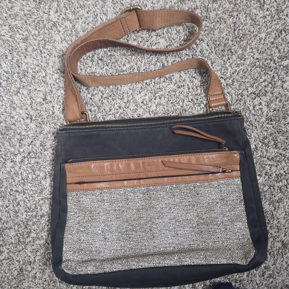 Vtg Fossil Leather And Canvas Purse Tote Carry All Black
